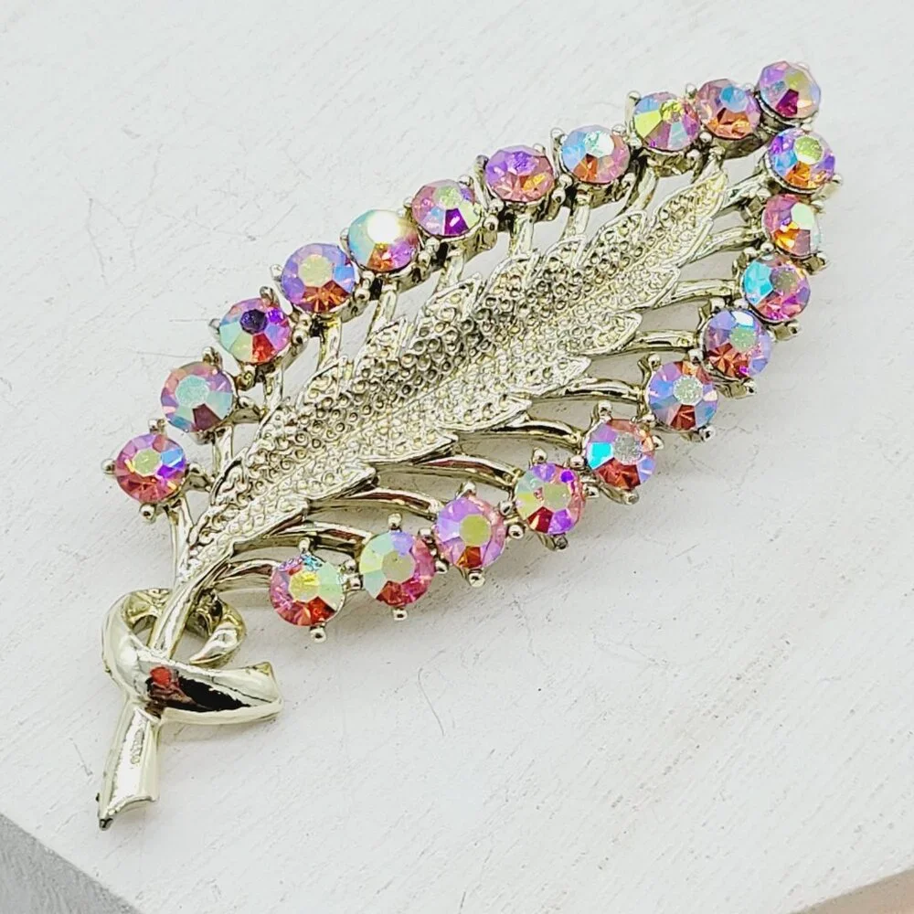 Vintage Pink Aurora Borealis Leaf Rhinestone Brooch Gold Tone 2 3/4